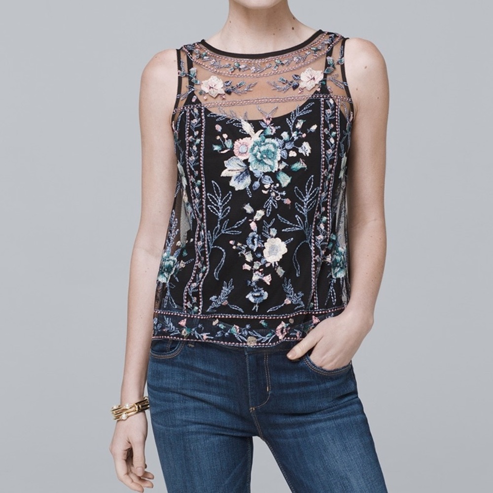 White House Black Market Mesh Floral Multicolor Embroidery Sleeveless Top